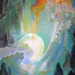 Surreal painting of a floating figure playing flute over a glowing moon and fantasy castle.