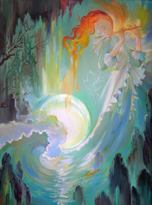 Surreal painting of a floating figure playing flute over a glowing moon and fantasy castle.