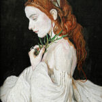 Oil painting portrait of a redhead woman in a white dress holding a green sprig, dark background.