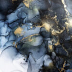 Navy blue and gold alcohol ink abstract art with fluid marble texture.