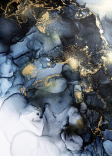Navy blue and gold alcohol ink abstract art with fluid marble texture.