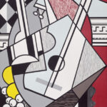 Abstract cubist painting of a guitar with geometric shapes and wood grain textures.