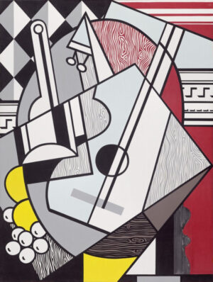 Abstract cubist painting of a guitar with geometric shapes and wood grain textures.