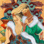 Modern geisha illustration with green robe and long blonde hair, pop art style wall decor.