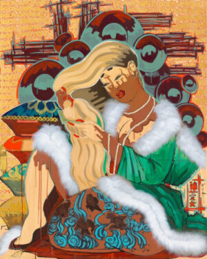 Modern geisha illustration with green robe and long blonde hair, pop art style wall decor.